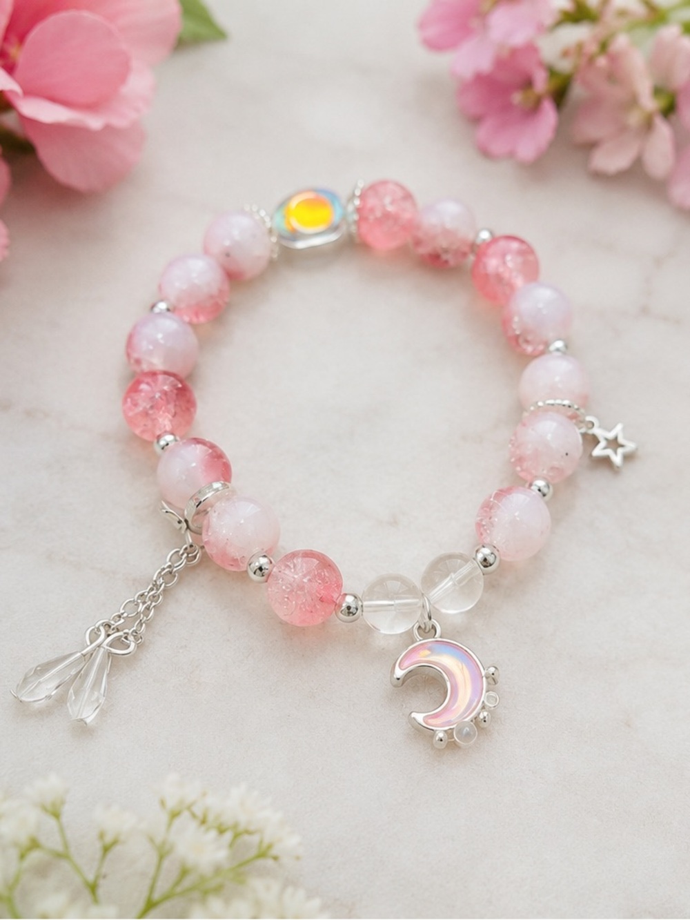 Pink Moon Charm Beaded Bracelet - Silver Accent